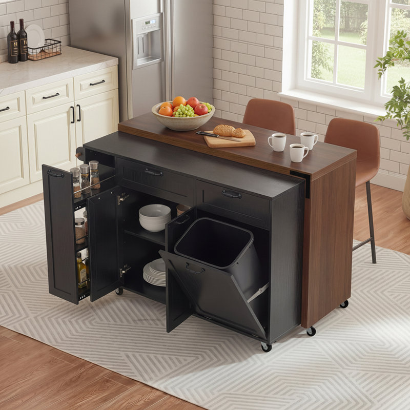 Expandable Kitchen Cart with Pull-Out Spice Rack, Trash Bin Compartment, Ample Storage and Lockable Wheels, Black