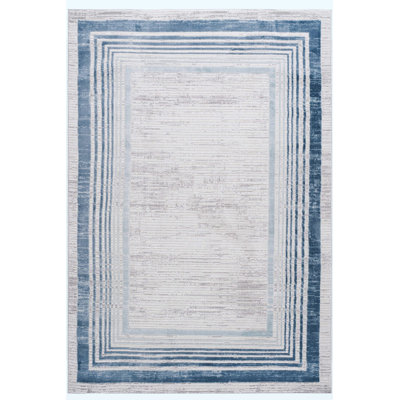 Area Rug Synthetic Fiber Stain Resistant Non-Shedding Bordered Blue Ivory Medium 5' x 7'