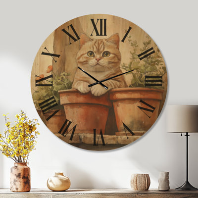 Terracotta Pot Perch II - Rustic Wall Clock, Printed on Wood