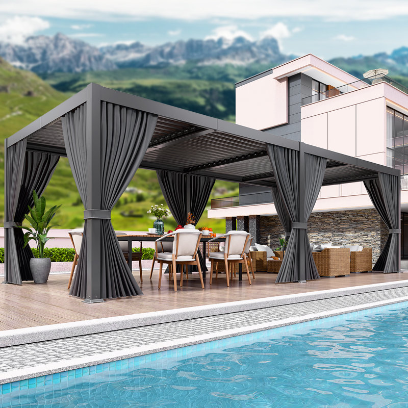 10 Ft.W X 20 Ft.D Outdoor Louvered Pergola With Adjustable Roof, Curtains, Netting And Gutter System, Metal Hardtop Gazebo For Garden, Deck, Backyard