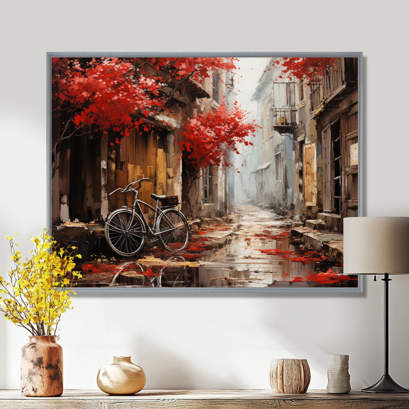 Crimson Ride Red Flowers I - Art mural de bicyclette pour le salon, H 12 po x l 20 po x P 1 po, Encadrement argenté