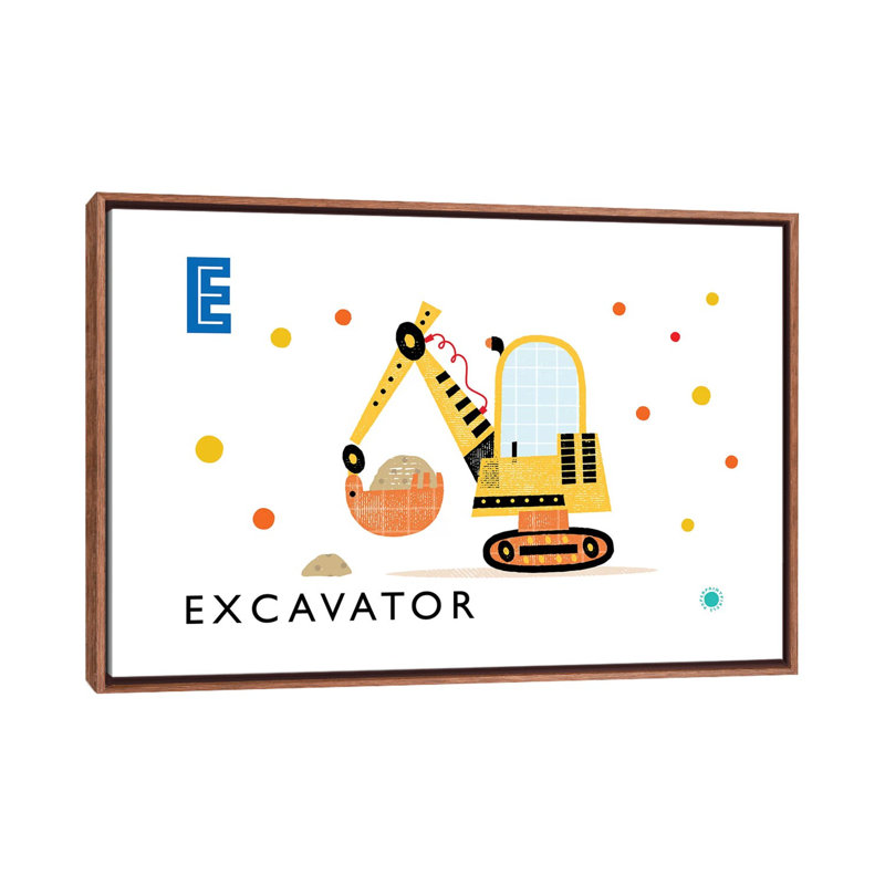 E Is for Excavator - impression d'art graphique, Toile avec cadre brun, H 40 po x l 60 po x 1,5 po, Pas de tapis