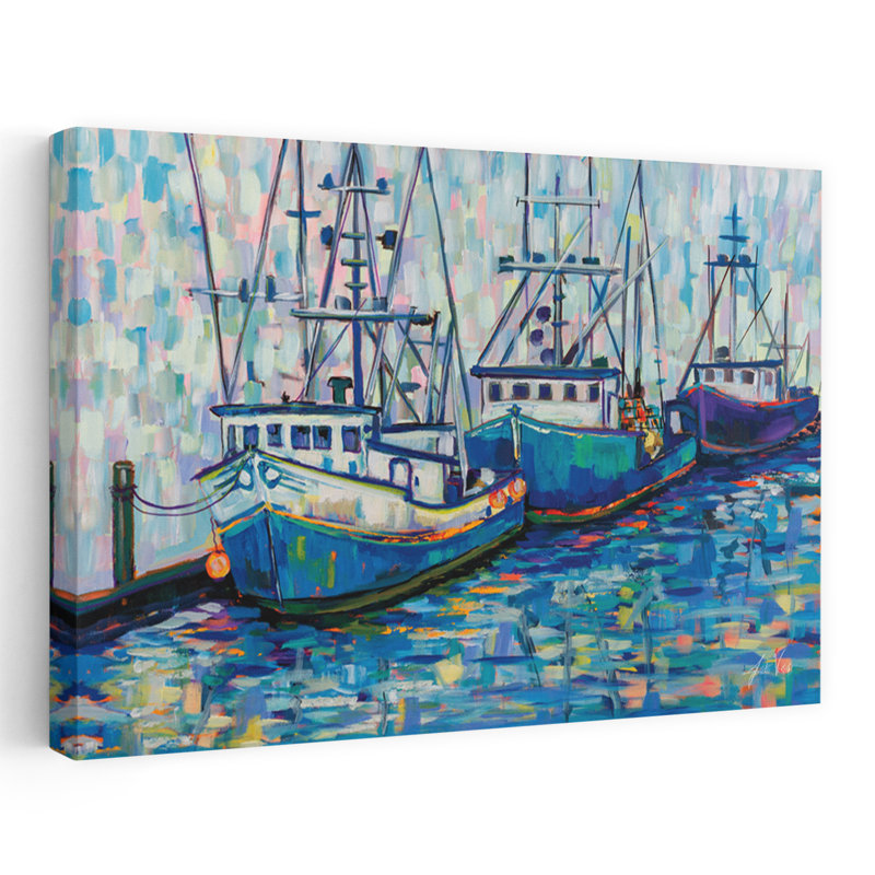 Bateaux dans le port V2 côtier; Nautique noir, bleu, gris, bateau turquoise, H 24 po x l 16 po