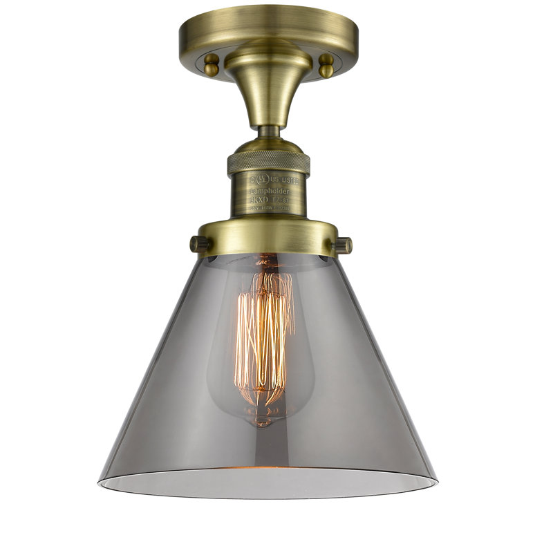 Plafonnier semi-encastré 1 lumière Cone, Laiton antique, Ampoule à DEL rétro de 6 watts, Fumé