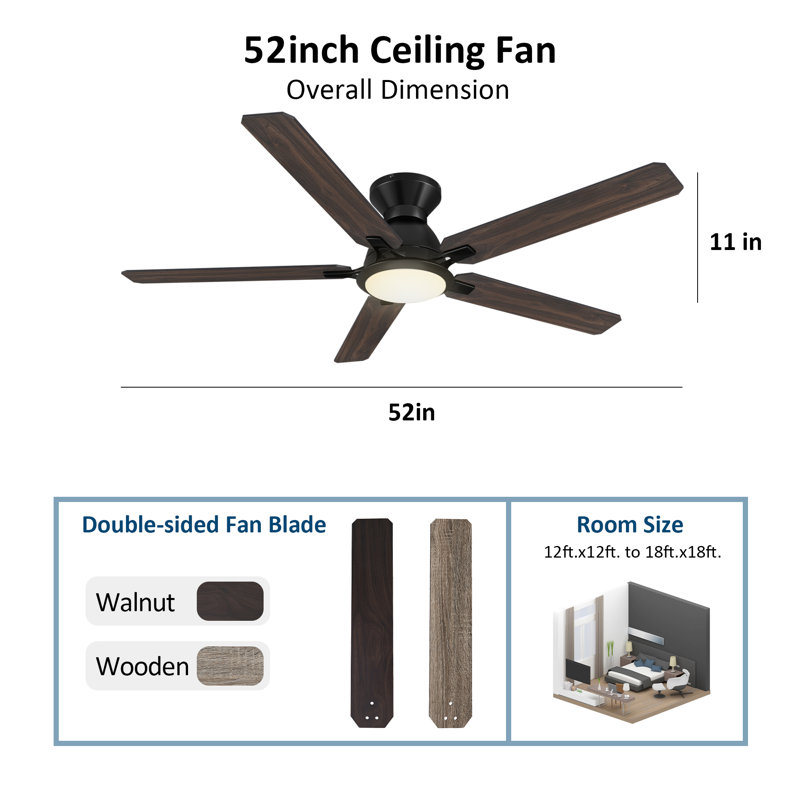 52" Smart Ceiling Fan with Light, Black, Black