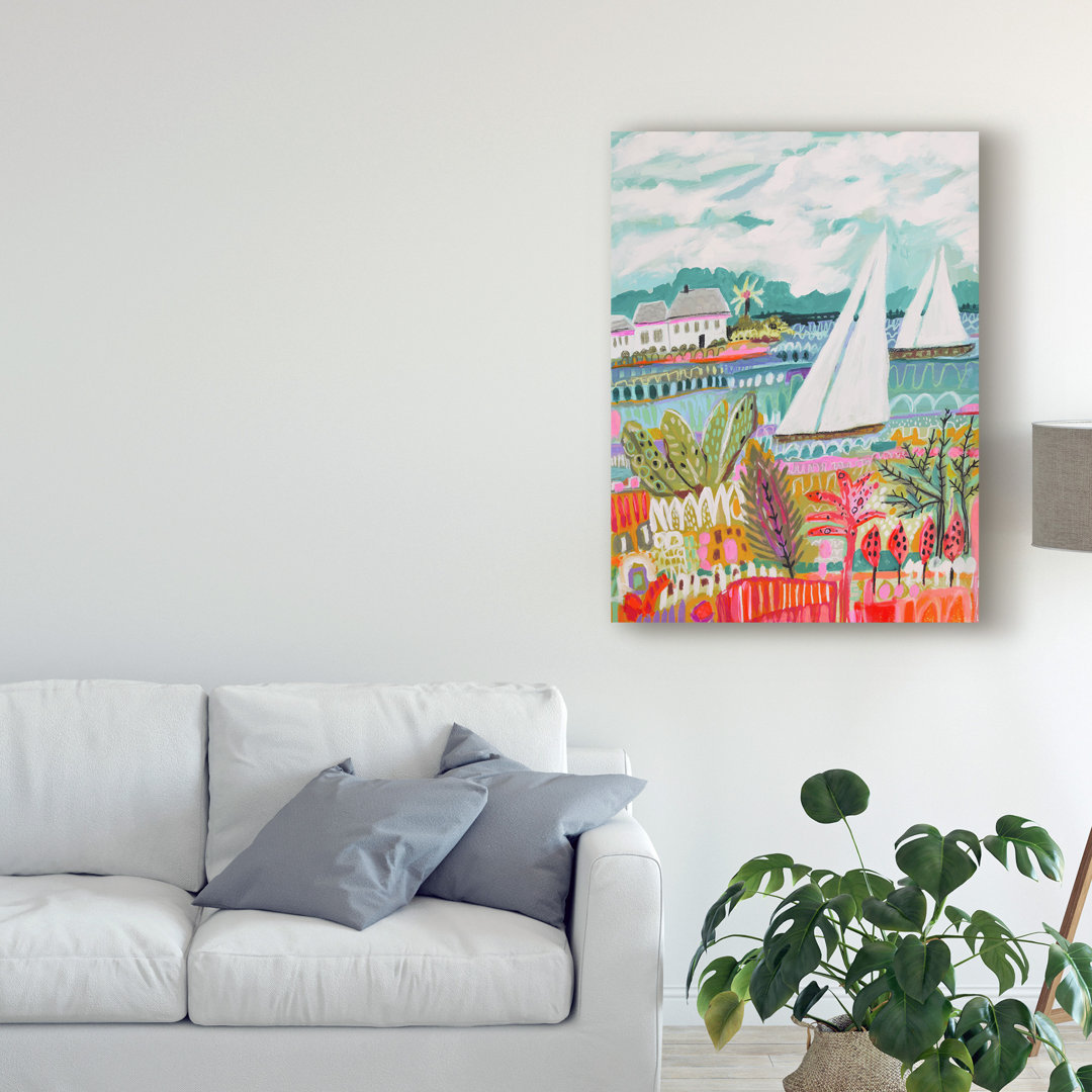 'Two Sailboats and Cottage II' Painting on Wrapped Canvas Breakwater Bay