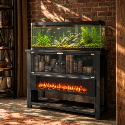 40-50 Gallon Fish Tank Stand with 36" Decorative fireplace(No Heat),Fish Tank Stand with Power Outlets & LED Light, Metal Frame Structure Aquarium Stand, Glass Doors Storage Cabinet for Fish & Reptile Tanks