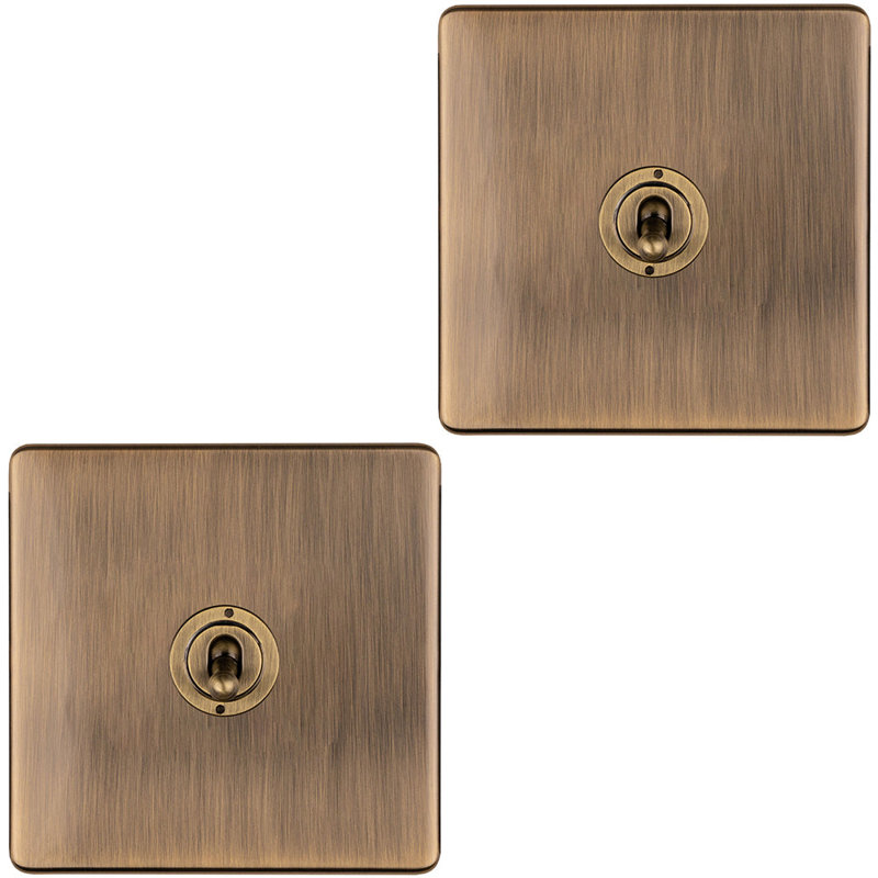 2 PACK 1 Gang Single Retro Toggle Light Switch SCREWLESS ANTIQUE BRASS 10A 2 Way, Antique Brass, Gold
