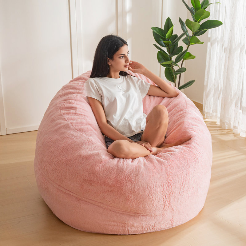 4/5ft Foam Filled Bean Bag Chair, 47.2" H x 47.2" W x 25.6" D, Pink Faux Fur