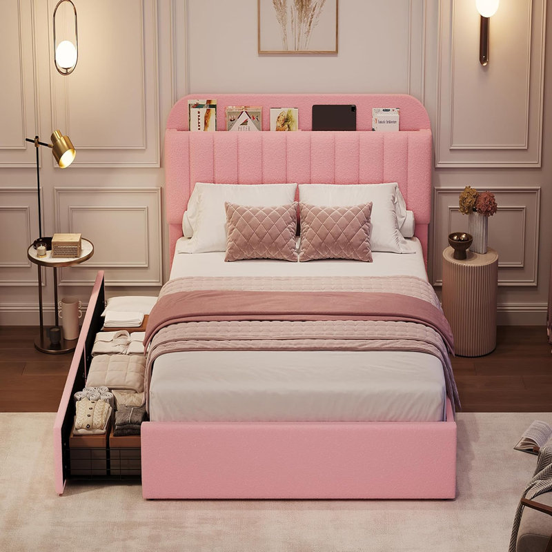 Cadre de lit avec 2 tiroirs de rangement, cadre de lit pour enfant avec tête de lit de rangement, cadre de lit rembourré