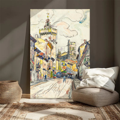 Scène de rue: bâtiments colorés et une tour, style aquarelle et art à l'encre. Art mural encadré en toile - Cadre en bois massif de 24 po x 36 po et 1 po d'épaisseur pour le salon ou la chambre à coucher