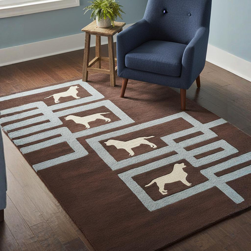 Valencia Authentic Hand-Crafted Hand-Tufted White Dog Silhouette Blue Geometric Lines On Brown Wool Indoor Area Rug