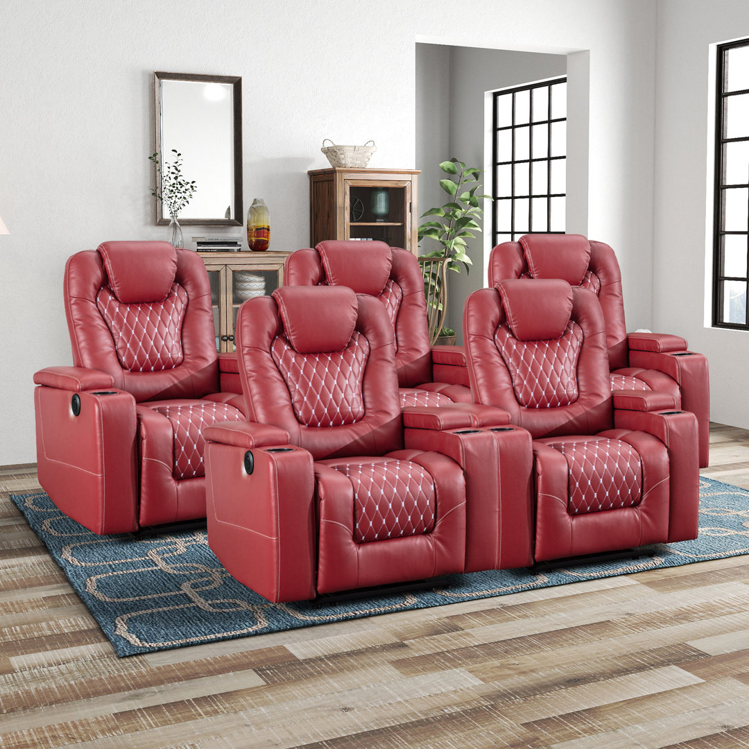 35.04'' Luxury Faux Leather Home Theater Individual Seat Recliner with Cup Holders & Arm Storage & USB for Premium Cinema Experience (Set of 5) Latitude Run® Leather Type: Red Faux Leather