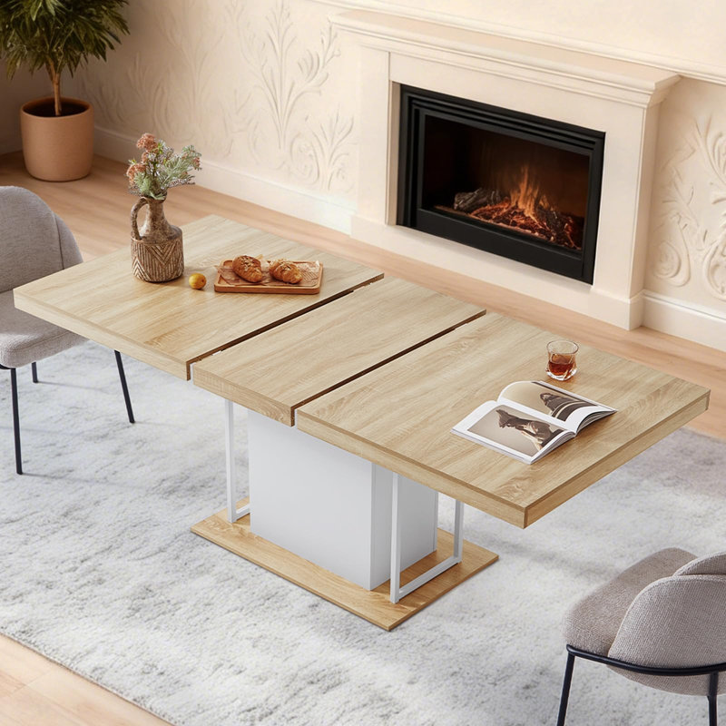 Table de salle à manger extensible de 160 à 200 cm avec pied central cannelé, Bois naturel / blanc