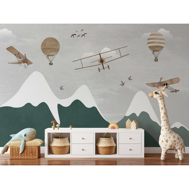 Papier peint rétro vintage avec avions et montagnes neutres, L 37 po x l 56 po
