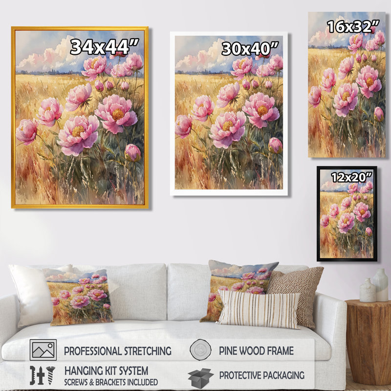 Pivoines dans le champ d'été III - pivoines, art mural, H 44 po x l 34 po, Reproduction avec cadre flottant, Crème, crème