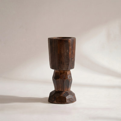 Porte-bougie pilier en bois massif sculpté à la main, finition brun rustique à facettes pour table et manteau de cheminée