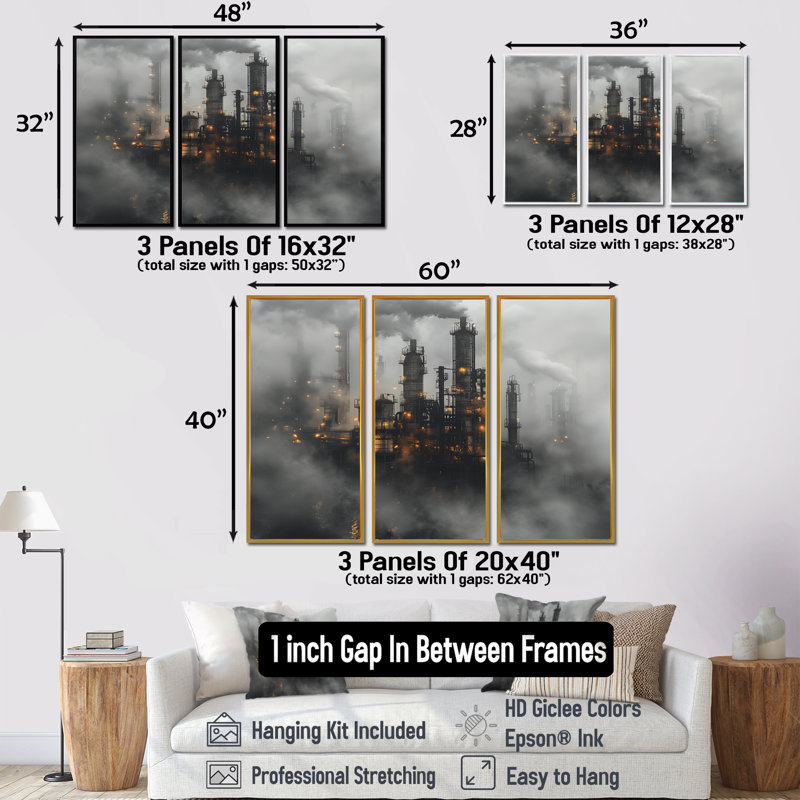 Grey Manufacturing Factories Power - Factories Wall Art Print Set, Toile avec cadre flottant noir, H 28 po x l 36 po x P 1 po
