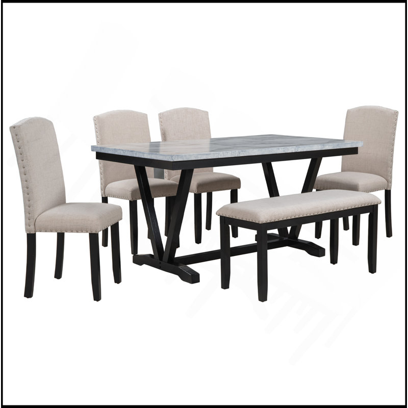 Table de salle à manger de style moderne 6 pièces avec 4 chaises et 1 banc, table avec placages en marbre et pieds en V (blanc)