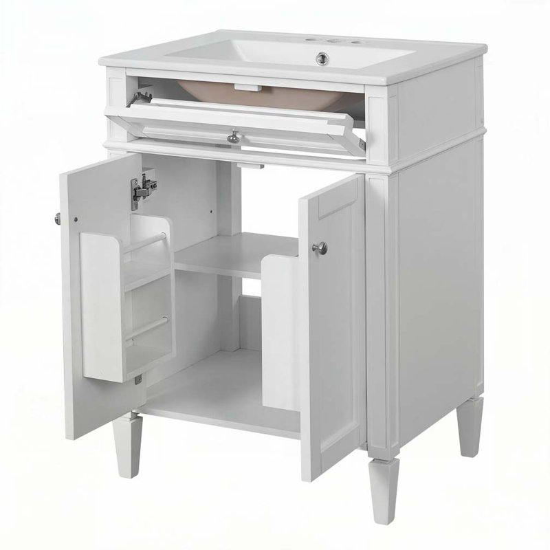 24" Bathroom Vanity with 2 Doors and Tip-Out Drawer, White/Silver 