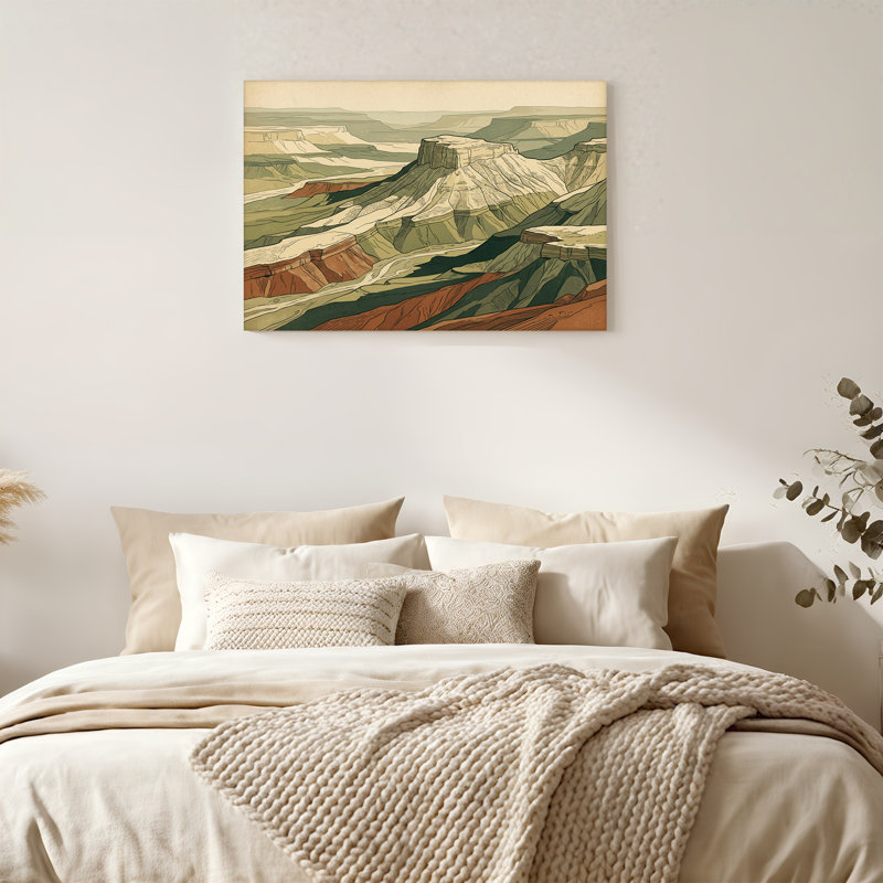 Art mural sur toile stylisé «Mesa Canyon» en vert terreux et rouille, H 20 po x l 30 po