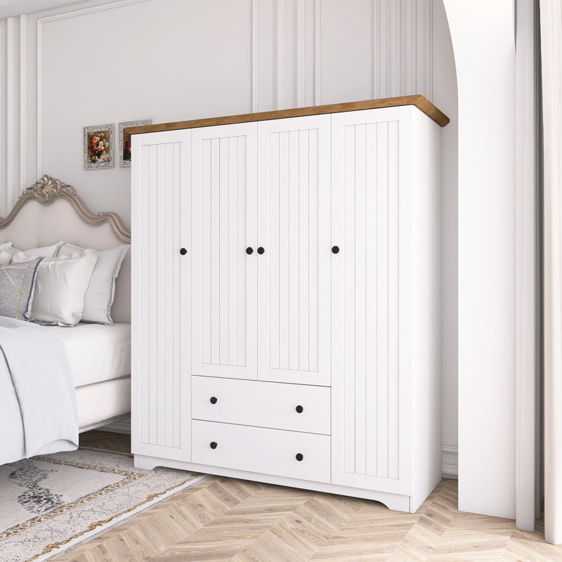 Armoire-penderie 4 portes avec 2 tiroirs, Blanc