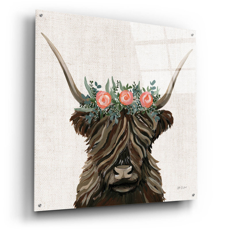 «Longhorn with Rose Crown Linen Sq» par Yvette St. Amant, art mural en verre acrylique, H 36 po x l 36 po x P 0,2 po