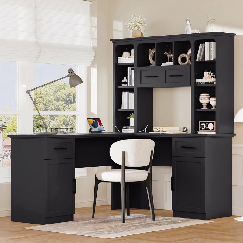 Bureau d'ordinateur en L avec 2 armoires et 2 tiroirs sous la table, 11 tablettes ouvertes et une tablette rabattable avec rangement sur le côté droit, convenant pour le bureau, le salon et le bureau, noir