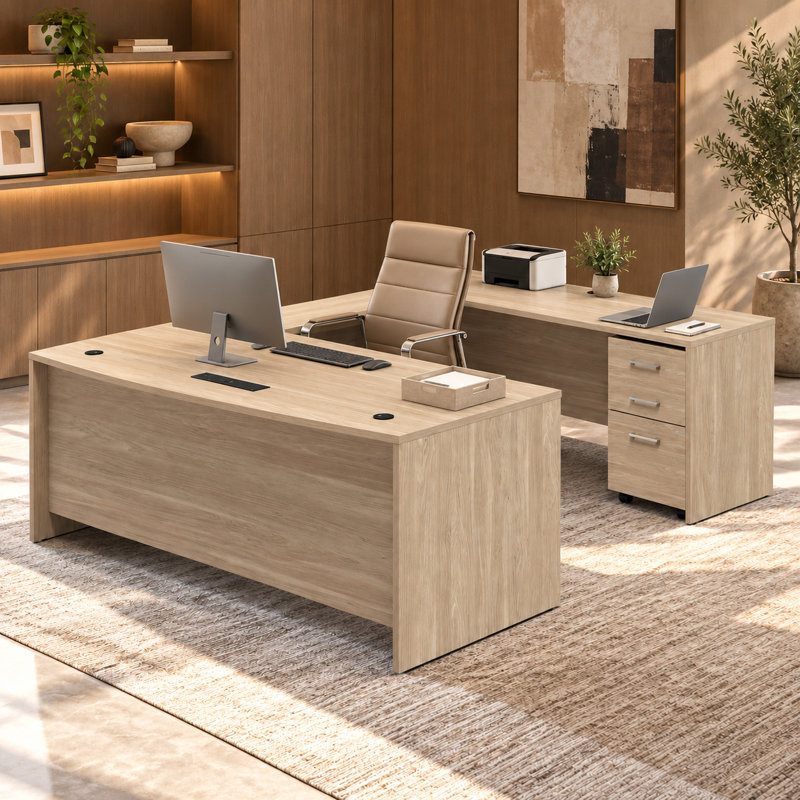 Bureau double caisson en L 71 po avec caisson classeur verrouillable à 3 tiroirs, poste de travail en L pour la maison et le bureau
