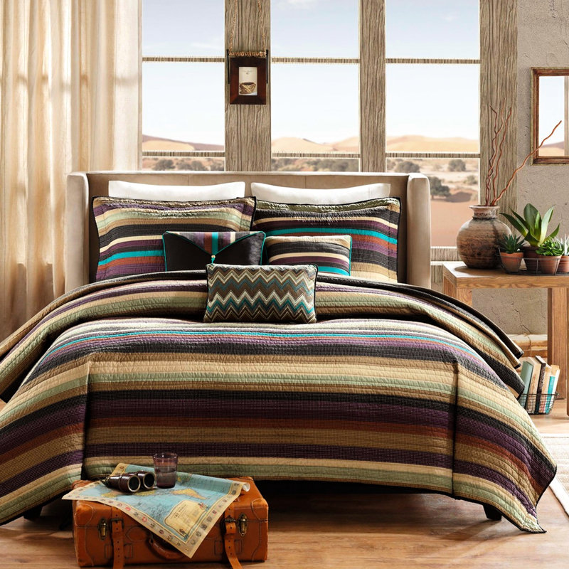 Courtepointe réversible simple / simple TG et coussin décoratif, microfibre, rayures bleu sarcelle mauve, motif à rayures en zigzag pour les coussins décoratifs multicolores