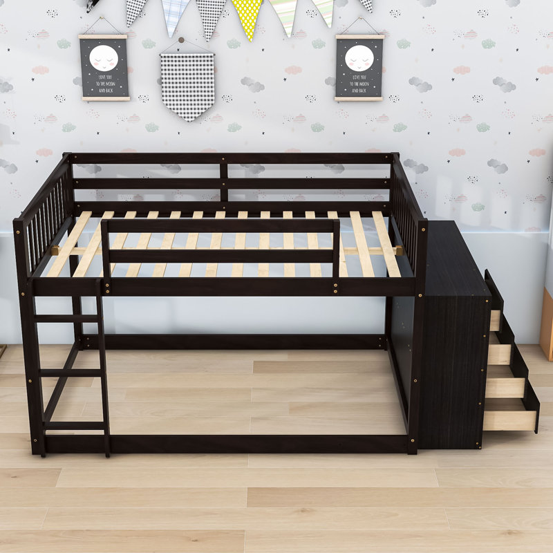 4 Drawers Wood Bunk Bed With Shelves, Full, Espresso