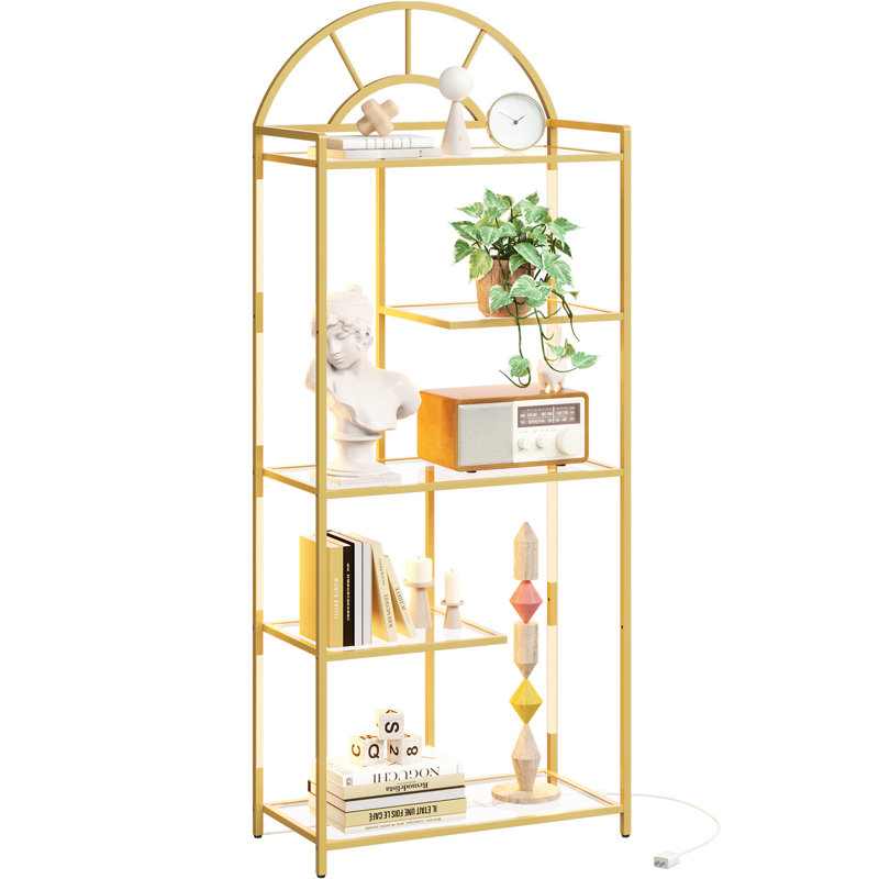 Arched Geometric Led Display Shelf With Adjustable Colour Temperature And Brightness Control, Etagere Bookshelf With Metal Frame And Glass Shelf For Living Room, Bedroom, Curio Cabinet, Gold