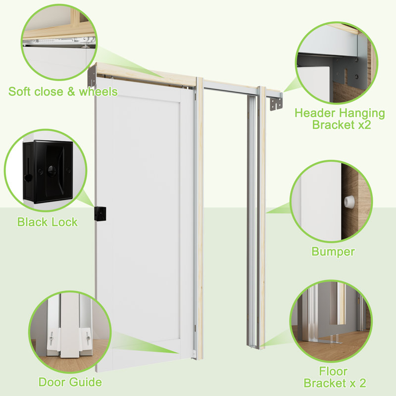 Porte coulissante encastrée à 3 panneaux coulissants avec porte escamotable et serrure d'intimité, 36 po x 80 po, Noir, 1