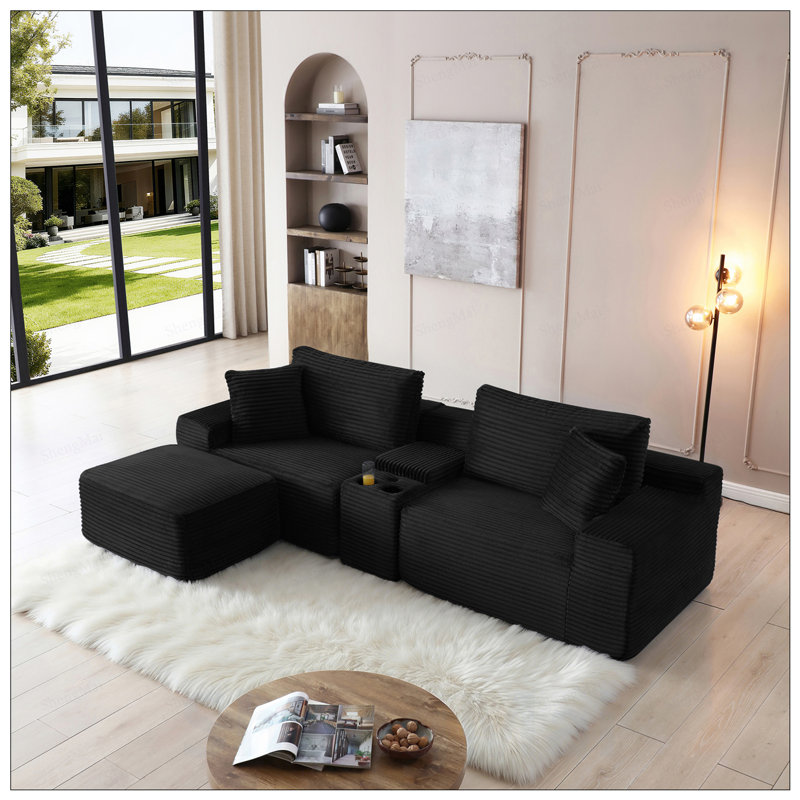 Canapé modulaire modulaire avec assise profonde, tissu en velours côtelé, porte-gobelets, ports USB, rangement et repose-pieds mobile pour le salon