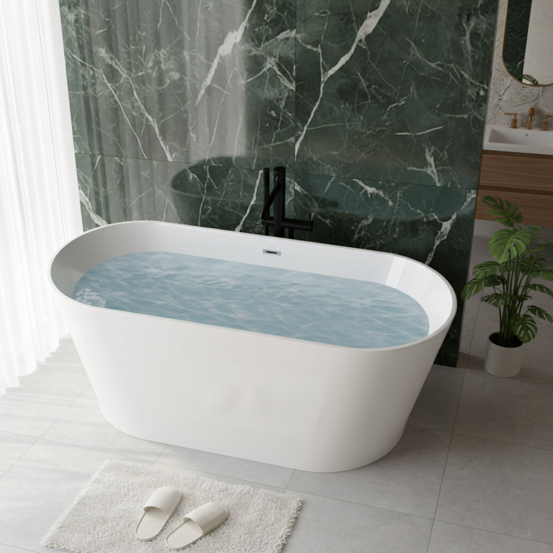 59-inch Freestanding Oval Acrylic Bathtub, Freestanding Soaking Tub, Bright White Acrylic, Chrome-plated Foot-operated Drain, Cupc Certified.