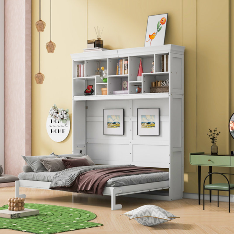 Lit escamotable mural Murphy avec tablettes supérieures et USB, Blanc