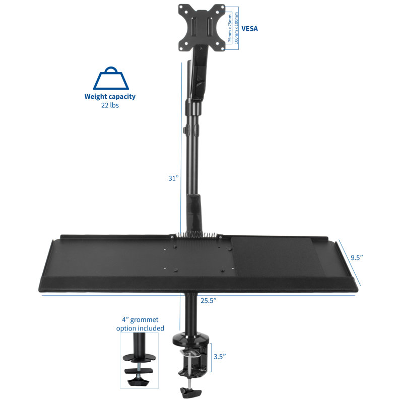 Black Steel Adjustable Desk Mount with Keyboard Tray