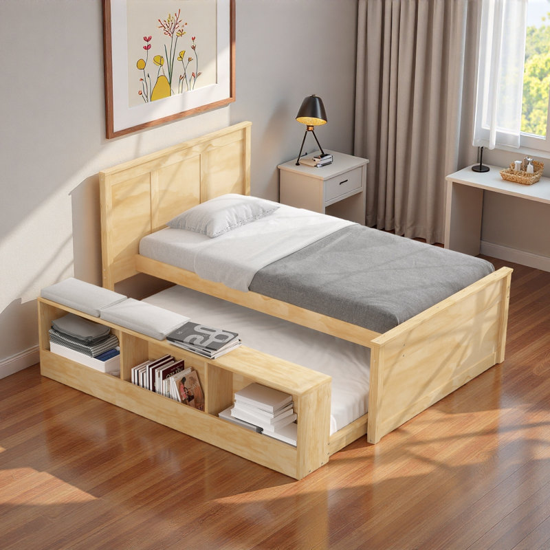 Lit plateforme en bois avec lit gigogne escamotable et compartiments de rangement latéraux, Naturel, Lit simple