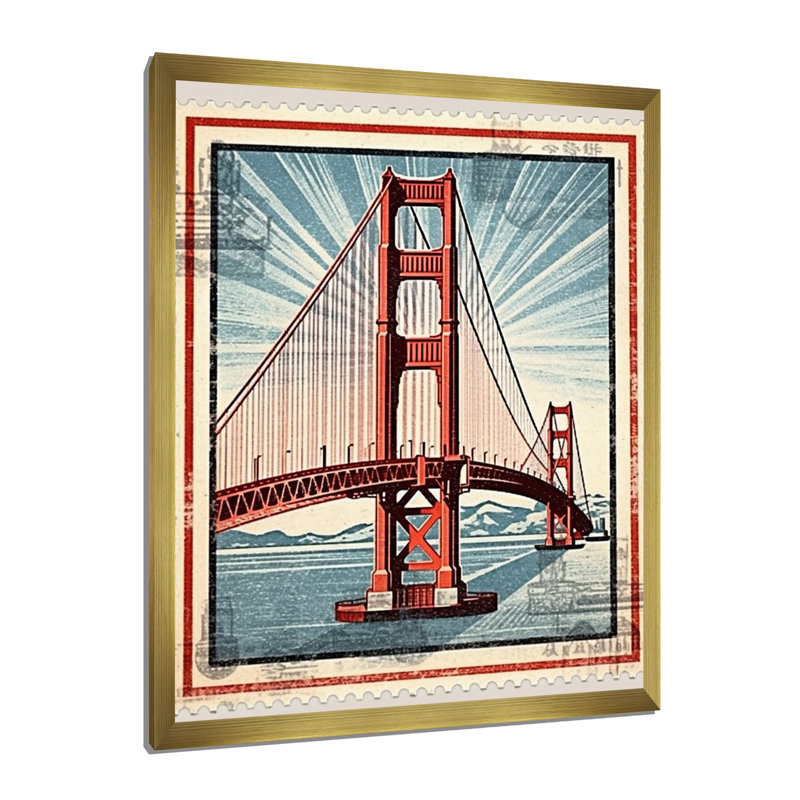 Golden Gate San Francisco, illustration rétro encadrée sur toile, H 44 po x l 34 po x P 1,5 po, Cadre doré simple
