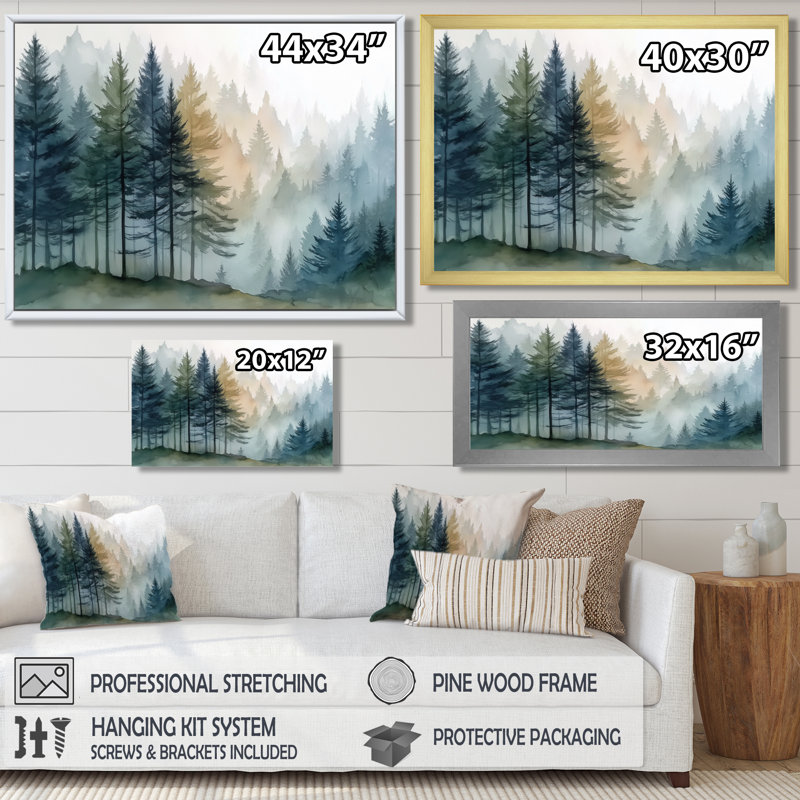 «Morning Fog Pine Tree Mountain Trail», reproduction d'art sur toile encadrée en pin, H 28 po x l 60 po, Cadre flottant, Noir