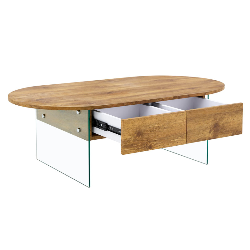 Natural Oval Double Drawer Coffee Table - 43.3"X23.6" Multi-Functional Design.Coffee Table With Double Drawers. The Board Surface Is MDF Sticker