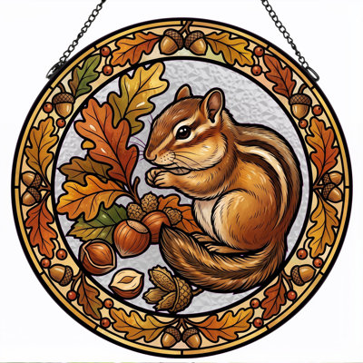 Autumn Chipmunk Stained Glass Window Panel，12"H