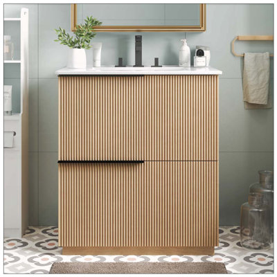 Meuble-lavabo de salle de bain avec lavabo en céramique, tiroirs cannelés et glissières pleine extension