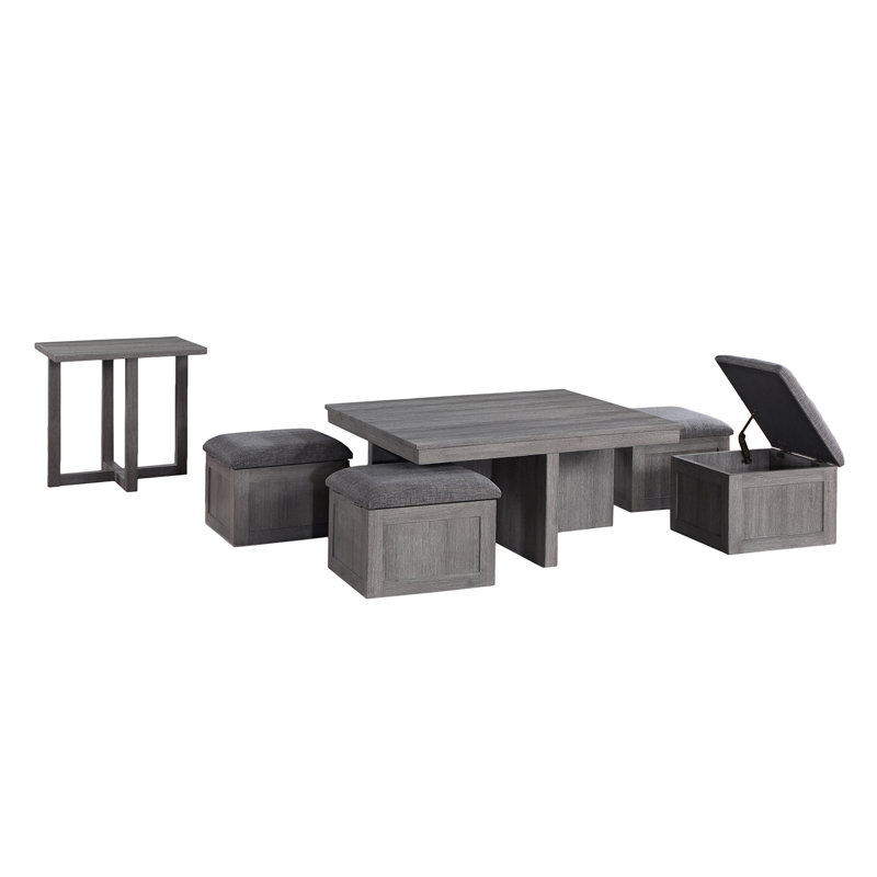 2-Piece Wooden Table Set With 4 Storage Stools In Rustic, Grey