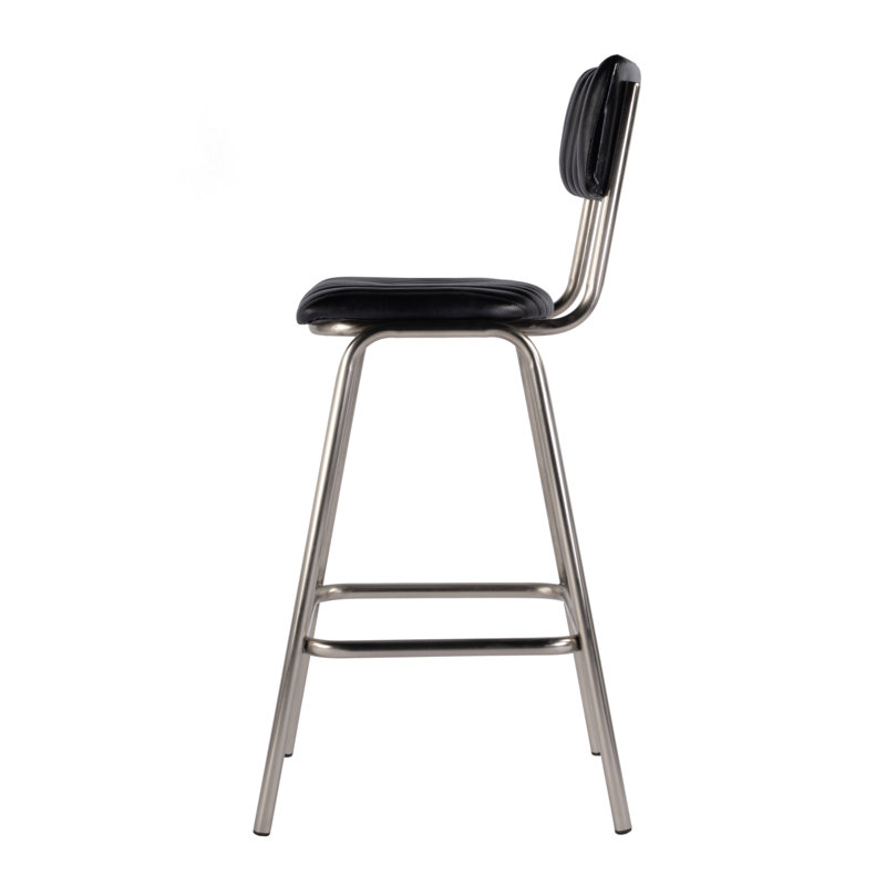 Waylon 30 in. Seat Height Leather and Iron Bar Height Stool with Back and Footrest, Silver/Black