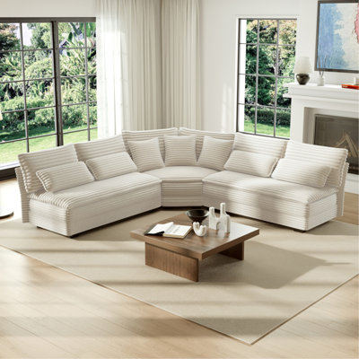 5-Seater L-Shaped Sectional Sofa With Curved Corner – Plush Corduroy Fabric, 7 Pillows (3 Throw + 4 Lumbar), Modern Living Room Furniture