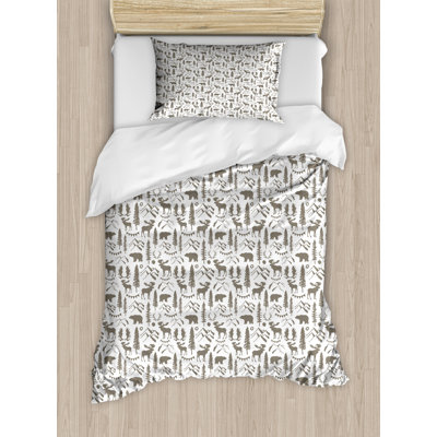 Ambesonne Northwoods Duvet Cover Set, Wild Nature Theme, Twin, Taupe and White -  nev_68648_twin