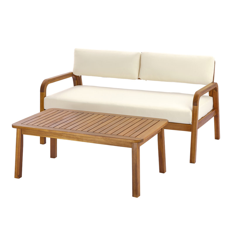Ensemble de canapé d'extérieur 2 pièces avec coussins et table basse, teck