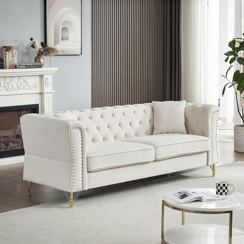 Canapé en velours capitonné, Beige, H 29,5 po x l 81,8 po x P 31,8 po