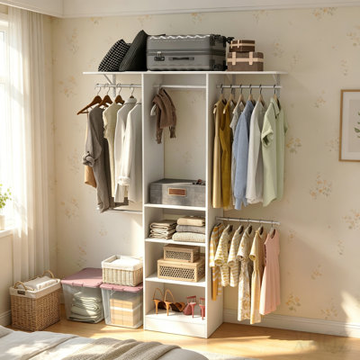 Closet System, Walk-In Organizer With Adjustable Shelves & 5 Expandable Rods, 3-5ft, White